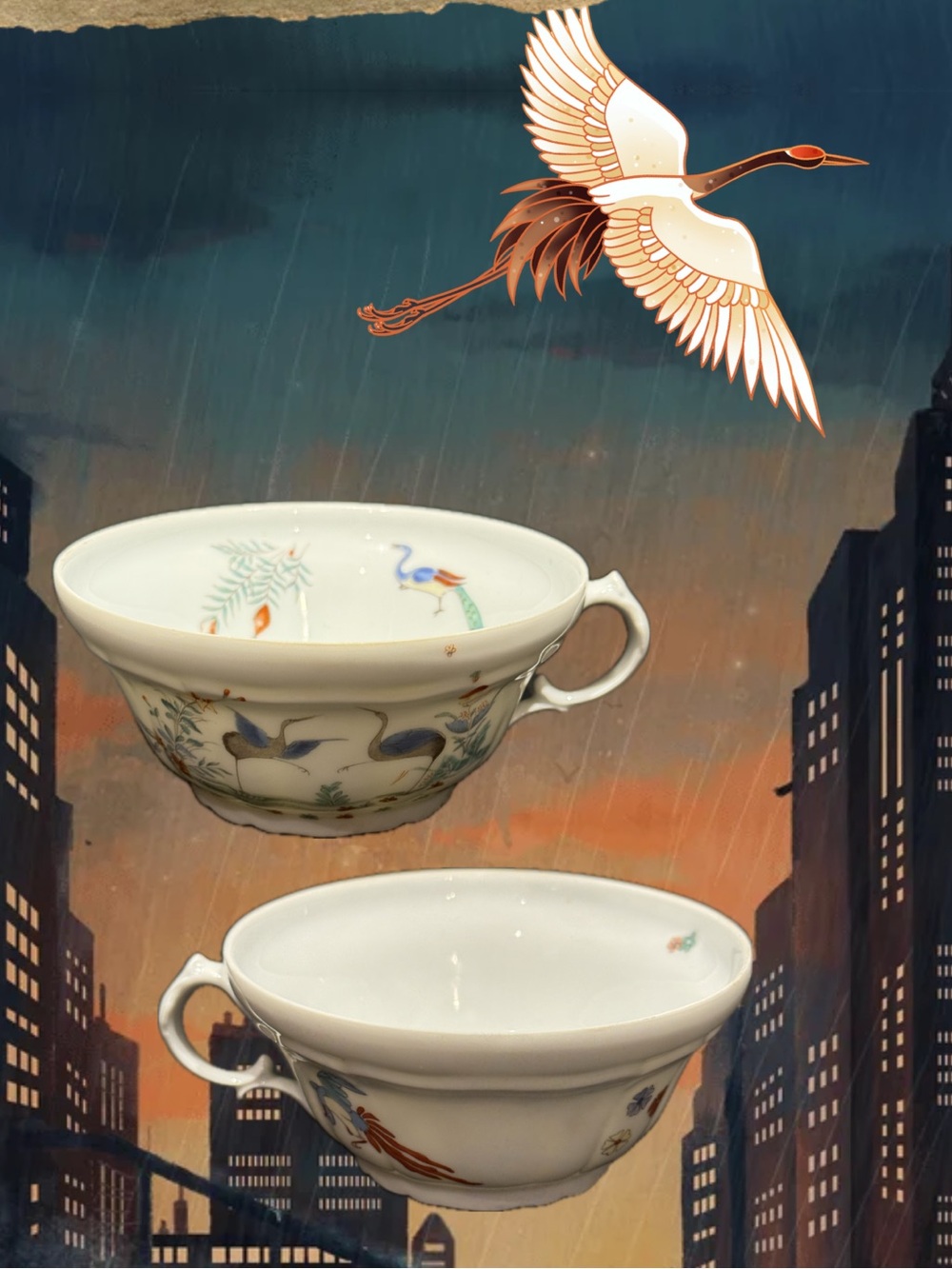 2 Limoges Porcelain Cups 18th C. Chantilly Kakiemon Crane Reproduction Vintage.
